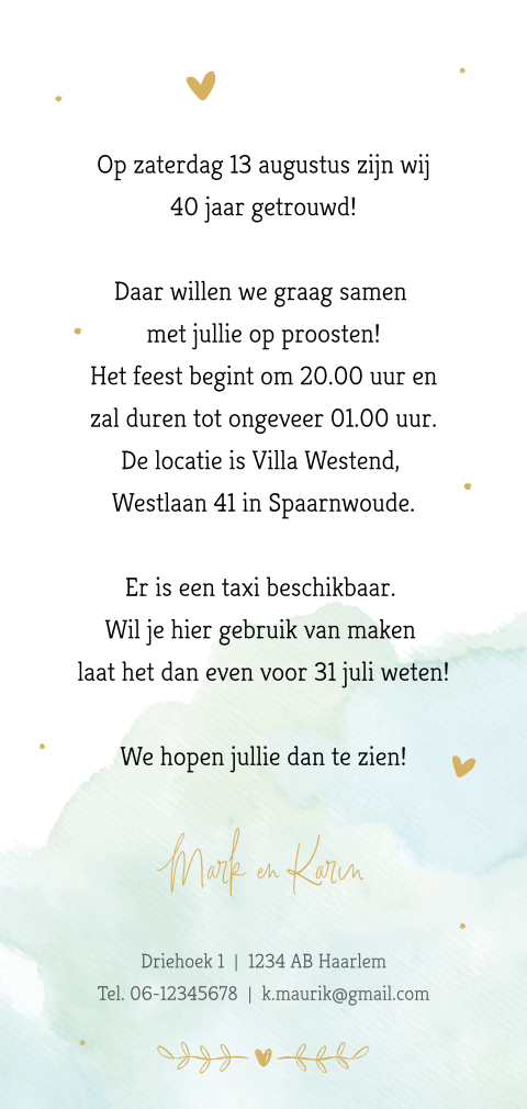 Jubileumkaart Uitnodiging Mint Watercolor 40 Jaar Getrouwd Goudfolie