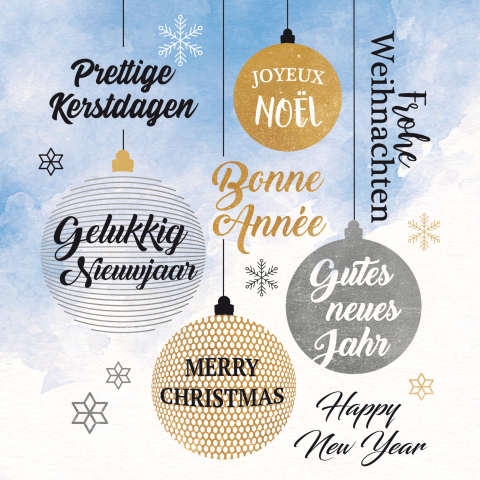 Muildier Conceit partij Kerstkaart met kerstballen en internationale tekst