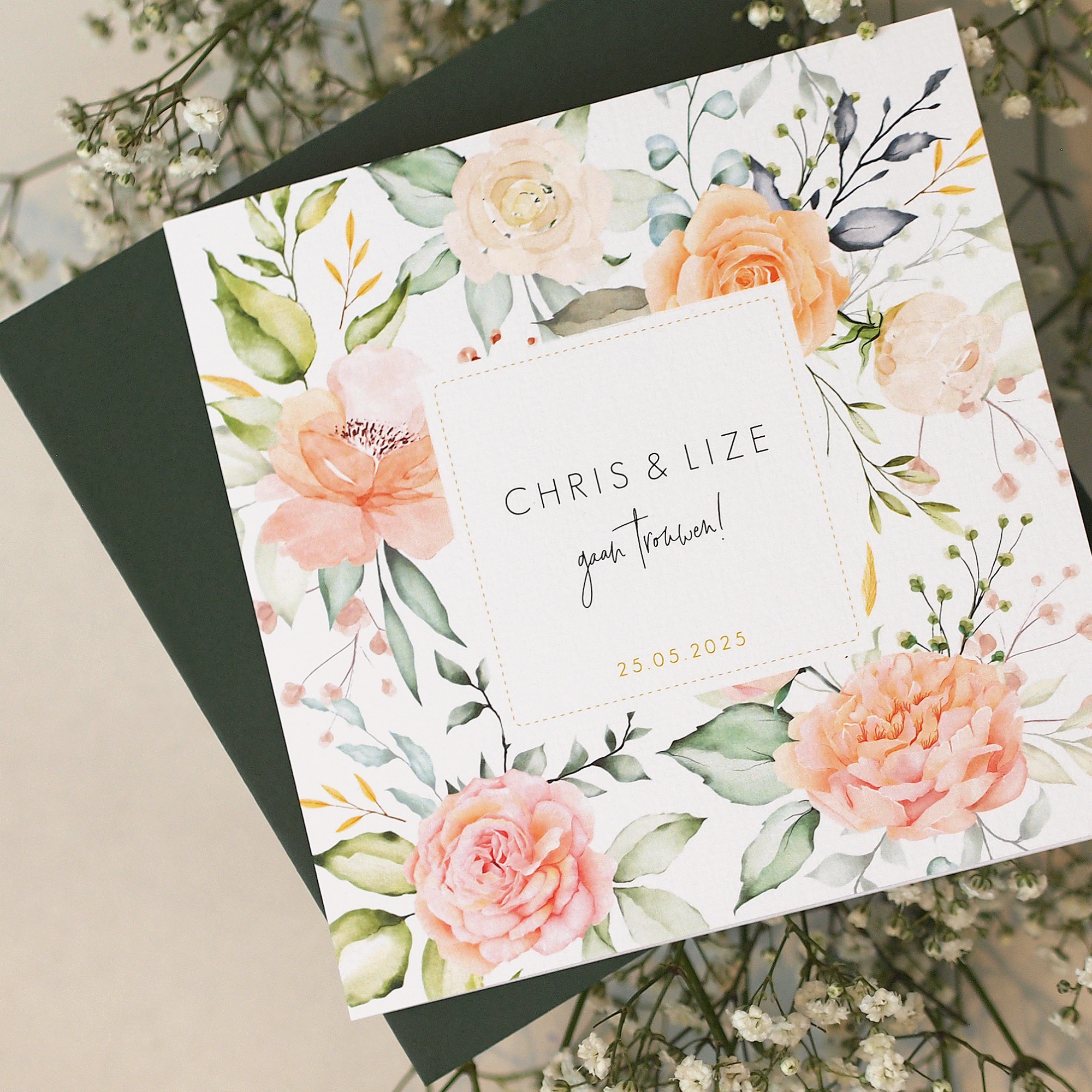 Romantische trouwkaart met bloemen en kader